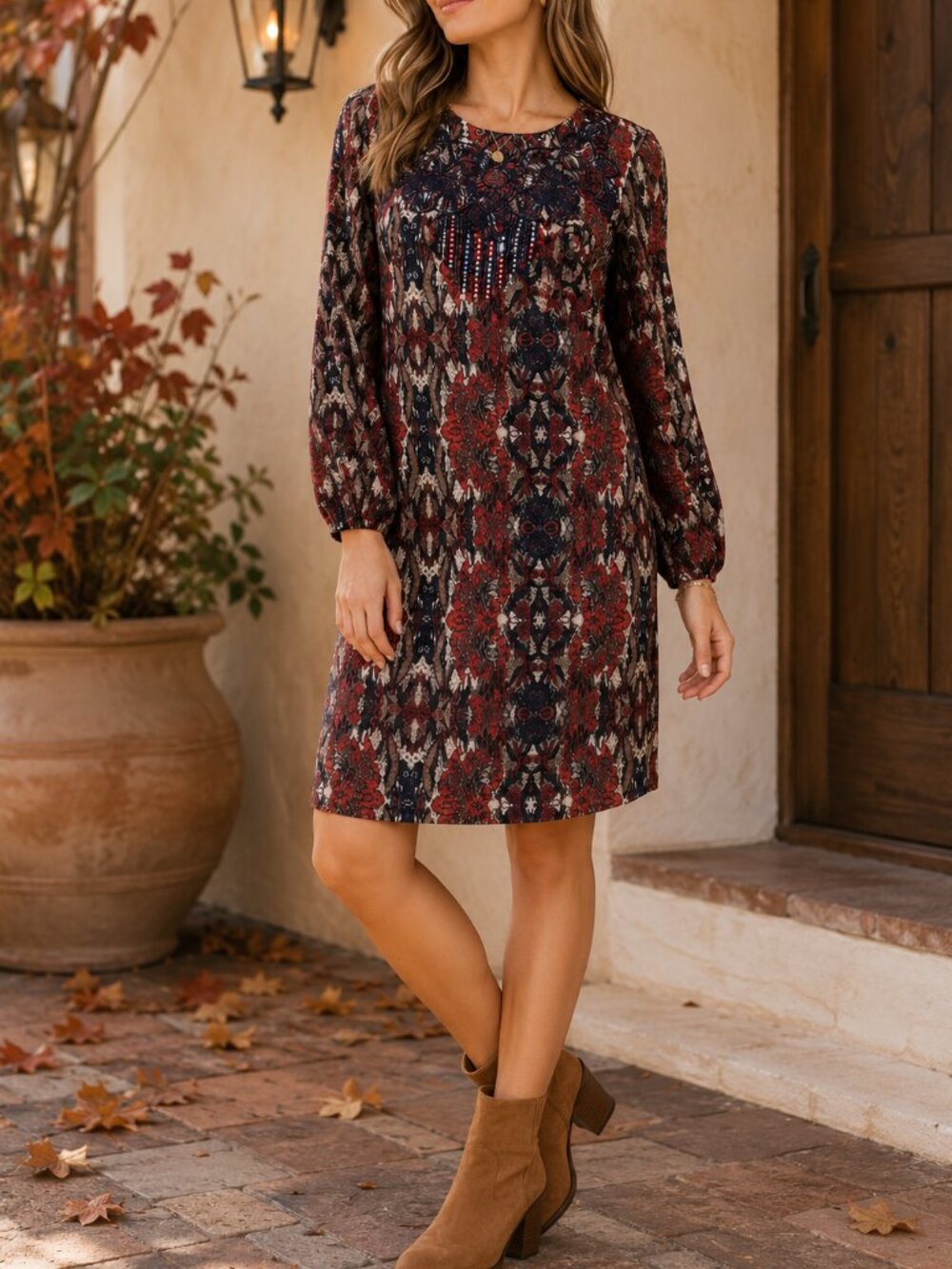 Anthropologie Greylin Embroidered Boho Shift Dress Long Sleeve XS